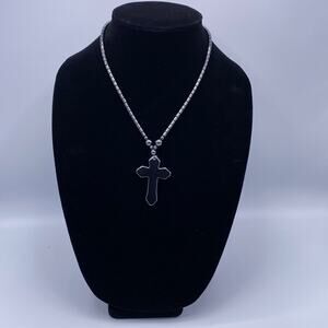New Unisex Handcrafted Hematite Black 17.5" Cross Pendant Drum Barrel Necklace